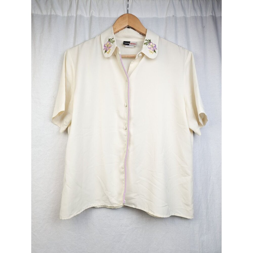 Lucia Petites Women's Ivory Floral Embroidered Collar Shor Sleeve Blouse Sz 10P